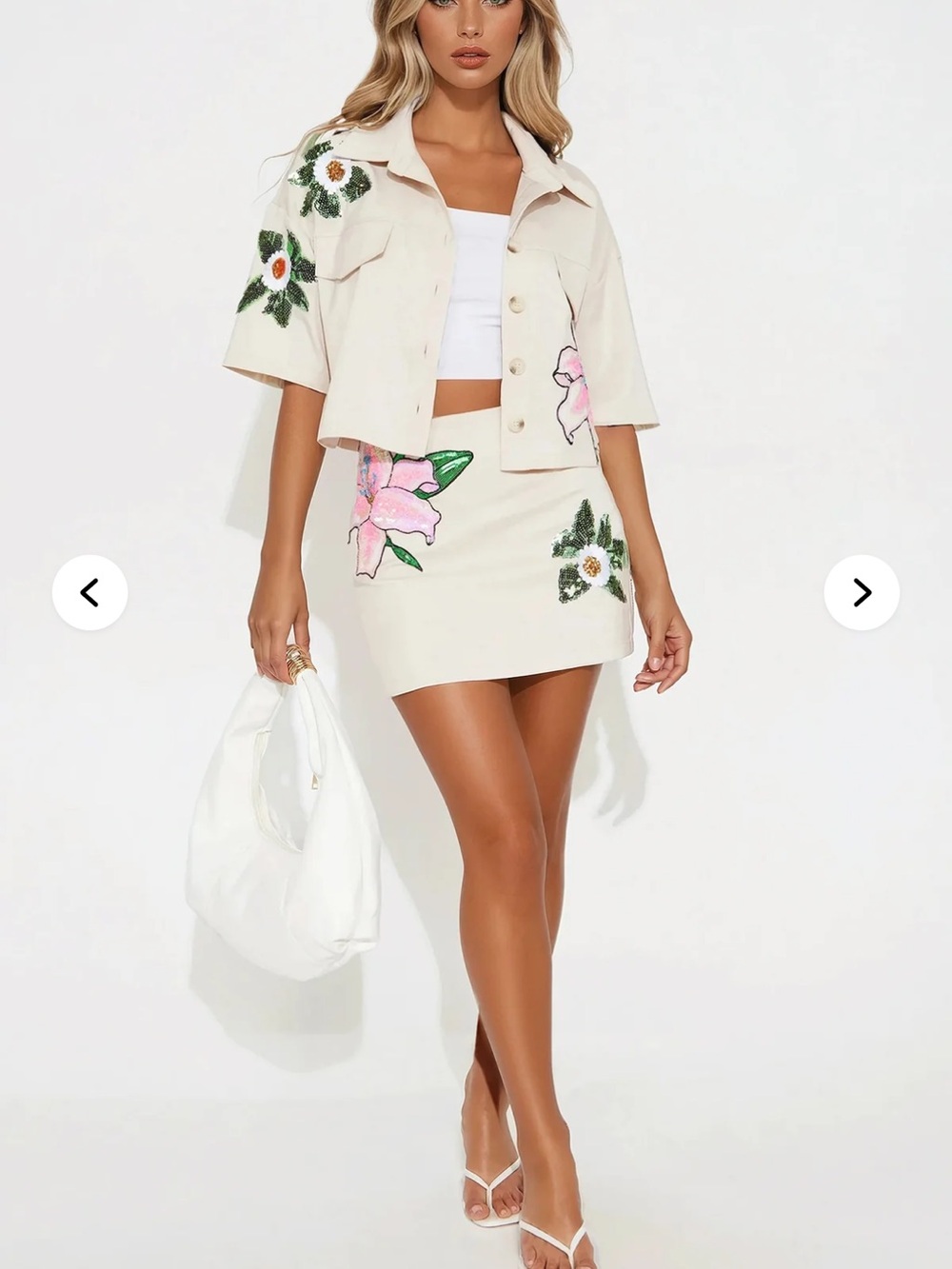 Fashion Nova Taupe Floral Sequin Mini Skirt Set